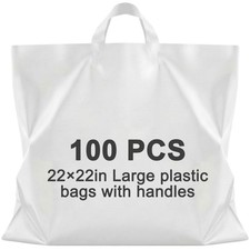 Qilery 100 Pack 22" x 22" Large White Plastic Shopping Bags with Handles Reus...