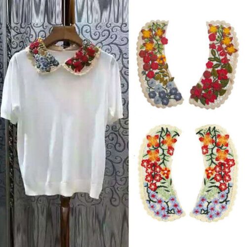 1Pair Flower Lace Neckline Collar Applique Sewing Trim Clothing Floral Patches - Picture 1 of 16