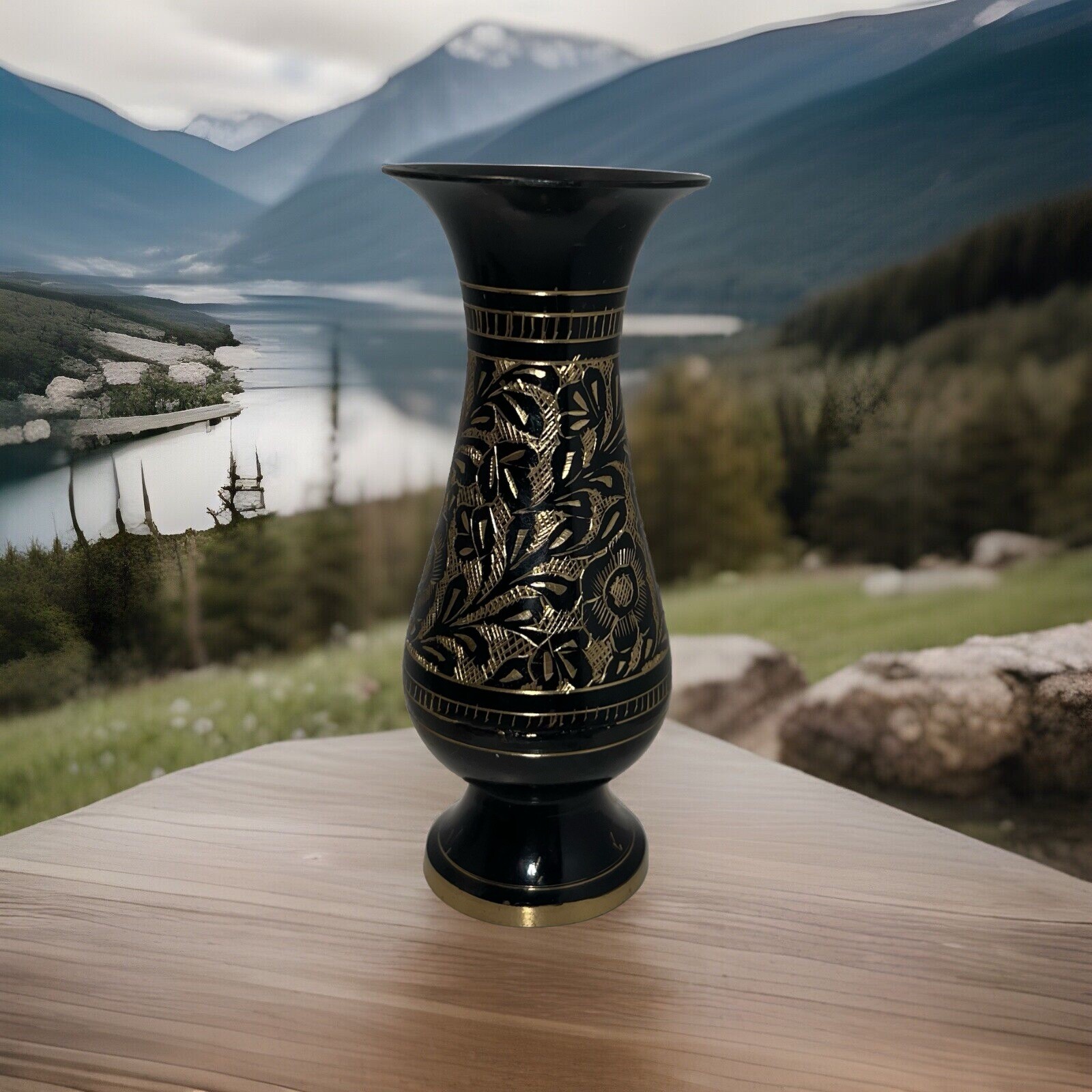 Vintage Metal Vase Approximately 5.5” Height Abstract Floral Design Black & Gold