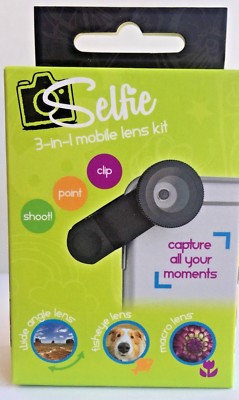 Selfie~Black~3-in-1 Mobile Lens Kit~Most Smart Phones & Tablets~New Sealed Box