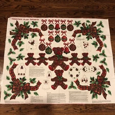 Vintage Cranston Christmas Red Plaid Craft Fabric Sew-On Appliqués Bears Bows