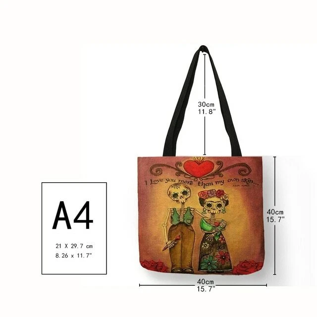 Sacolas de ombro femininas de linho pintura caveira aquarela - Imagem 4 de 4