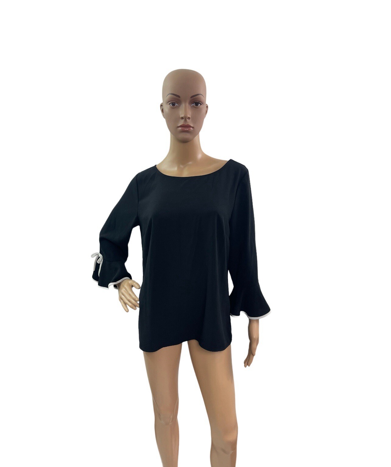 Talbots Women’s Size Medium Long Bell Sleeve Black White Round Neck Blouse