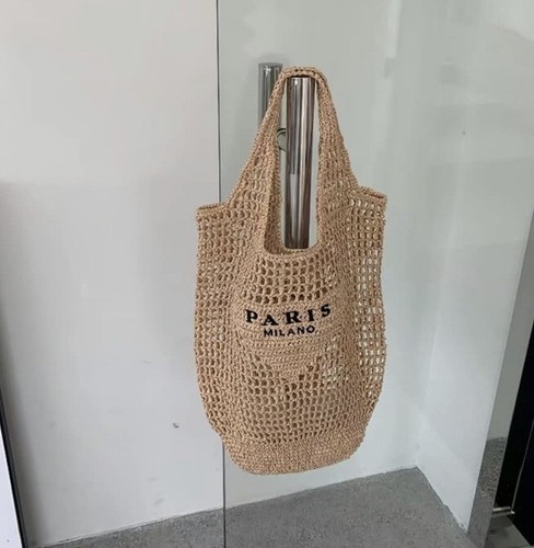 Paris Milano Logo Straw Raffia Rattan Bag Tote Beach Pool Shopper Beige - Picture 5 of 5