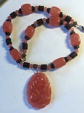 Cherry Quartz carved drop Cherry Ginger Bead Strand 18" 15mm Bird and Leaves