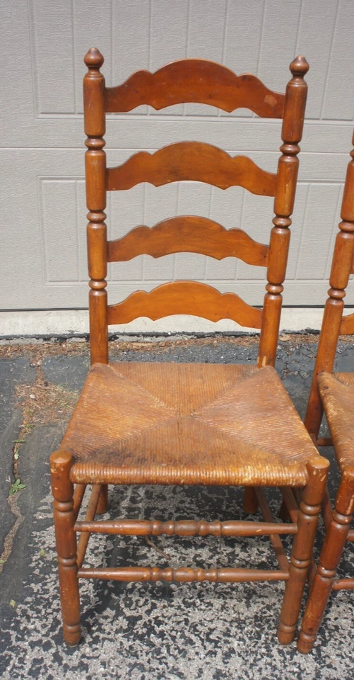 2 ~ Antique Ladder-Back Dining Chairs Woven Rush Seat Turned Wood Legs - Image 2 of 4
