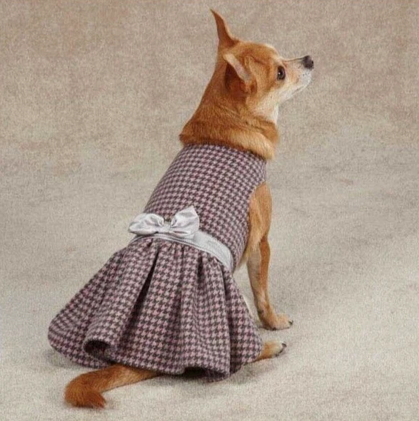 Vestido East Side Collection Teatime, vestido púrpura pata de gallo para perro con lazo, S/M mascota Foto 3 de 4
