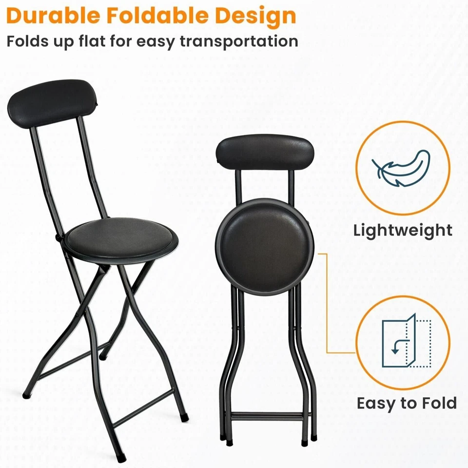 HIGH BACK FOLDING BAR STOOL BLACK PADDED BREAKFAST BAR STOOL ROUND FOLDABLE - Image 4 of 4