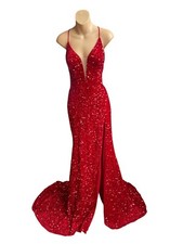 Alyce Paris Size 8 Red Sequin High Slit Prom Dress Gala Party Velour