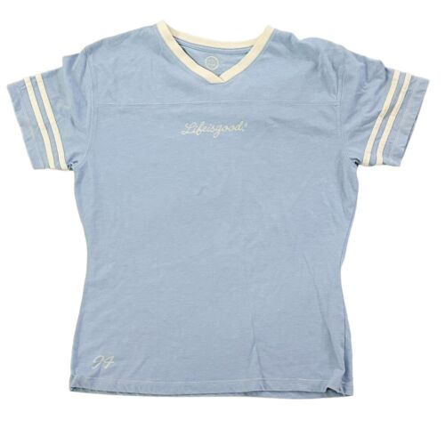 Life Is Good Distressed Retro Sport Striped Short Sleeve T Shirt Baby Blue L - Afbeelding 1 van 7