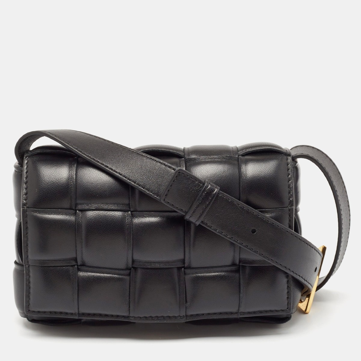 【Bottega Veneta】 Small Leather Cassette Black Bottega Veneta Black Intreccio Padded Leather Small Cassette