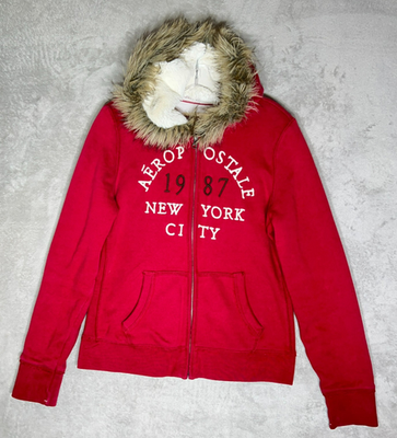 Y2K Vintage Aeropostale 2010 Red Zip Hoodie New York City Faux Fur