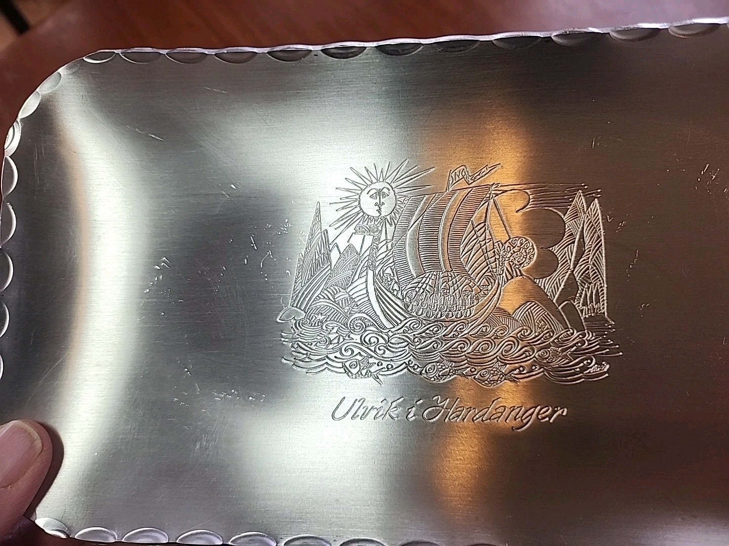 Vtg Ulvik i  Hardanger Norwegian  Pewter Viking Folk Art Tray 9.25" x 5"