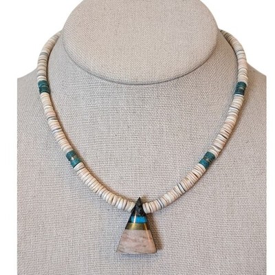 Vintage Native American Heishi Hook Closure Necklace W/ Triangular Inlay Pendant