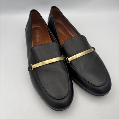 Vionic Evie Loafers Women 7 Black Leather Patent Strap Orthotic Support Flats