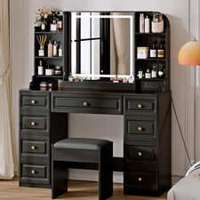 42" Makeup Vanity Desk with Mirror and Lights, & Power Outl, Glass Top Big Vanit