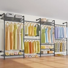 Timate F4 Closet Wall Mounted System, Black Pipe Rods With Shelves, Clothing