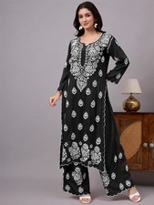 Black Modal Chikankari Kurti Palazzo Set, Ethnic wear