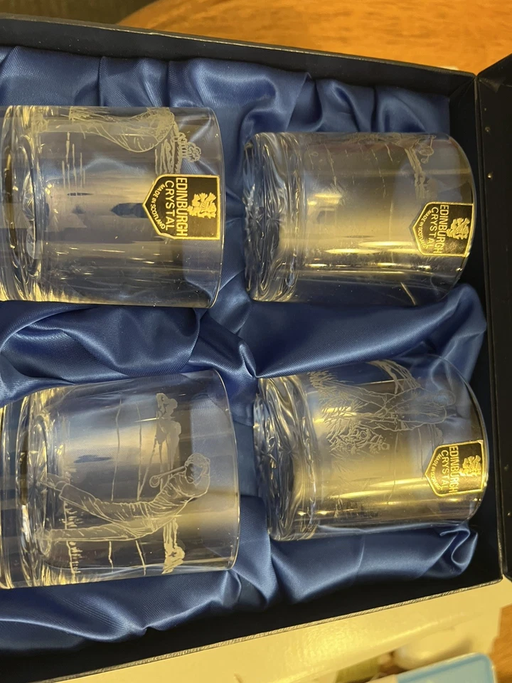 Vintage Edinburgh Crystal Clear Cut Glass Whiskey Glasses Golfers Golf 4 In Box - image 4 of 4