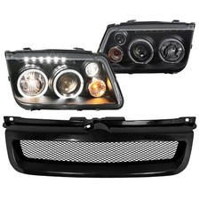For Volkswagen VW Jetta Mk4, Black Halo Projector Headlights, Black Mesh Front G
