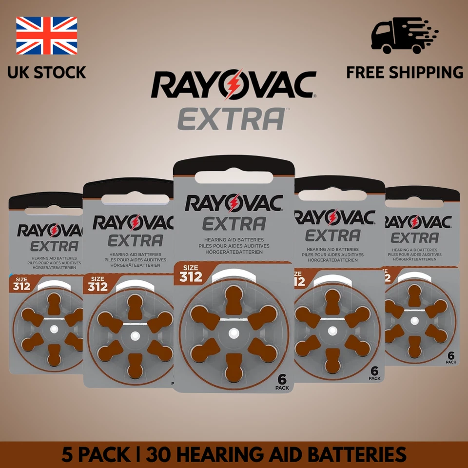 RAYOVAC SIZE 312 HEARING AID BATTERIES (5 PACKS OF 6 = 30 CELLS) BROWN TAB