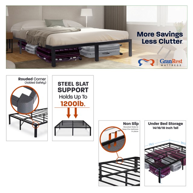 Heavy Duty Queen Size 16 Inch Round Corner Modern Durable Steel Slat Granrest 16 Heavy Duty Steel Slat Bed Frame With Round Corner Edge Non