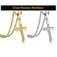 Silver/Gold Plated Religious Cross Pendant Necklace 18-30" Stainless Steel Chain