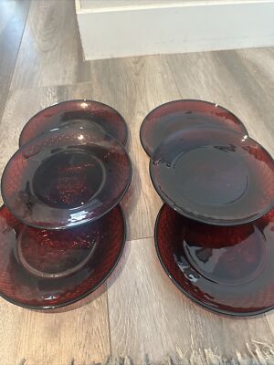VTG Ruby Red LUMINARC ARCOROC CRISTAL D'ARQUES 8'' Salad Luncheon Plates (6)