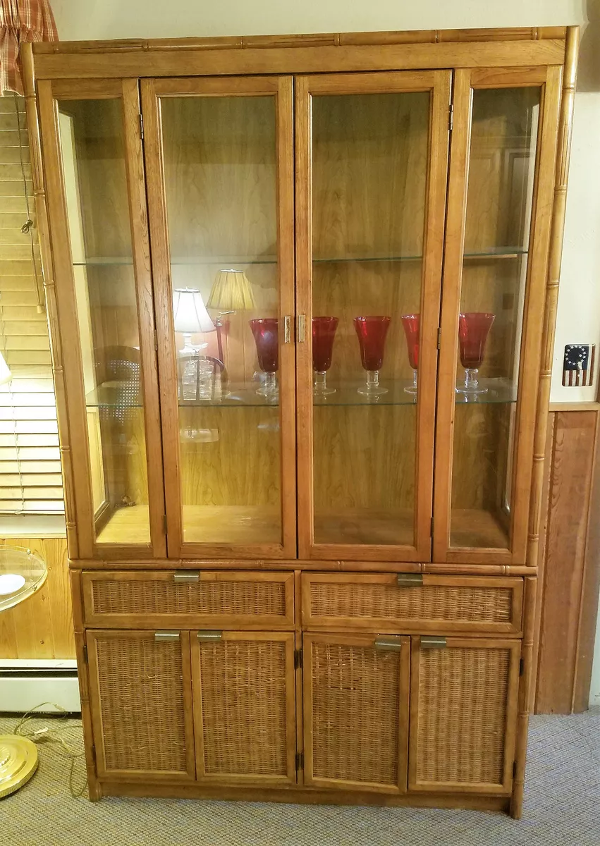 BERNHARDT BAMBOO WICKER tIKI Boho Lit GLASS HUTCH cabinet drawers