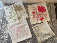 Vintage Lot Of 4 Ladies Flower Handkerchiefs Hankies Embroidered