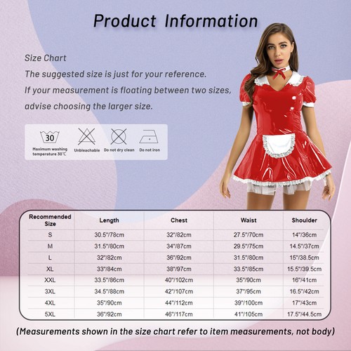 Damen Wetlook Dienstmädchen Kleid French Maid Kostüm Sexy Kurzarm Lederkleid - Picture 30 of 42