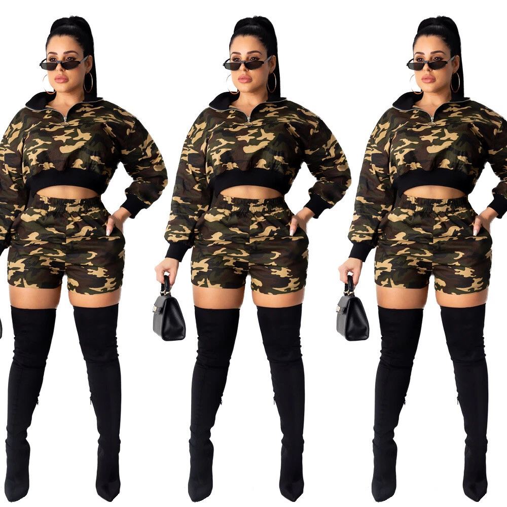 Women Camo 2 Piece Outfits Long Sleeve Crop Top Shorts Set Casual