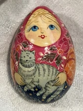 Vintage Russian Matryoshka With Kitty Cat Wood Egg Figurine