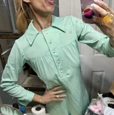 Vintage 60s Miss Donna Knit Dress Shirt Point Collar Sea foam Green XS 