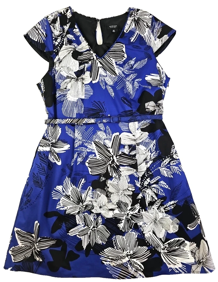 Spense ~ женщина плюс размер 16 Вт ~ синий/белый цветочный печать v-образным вырезом платье подпоясанный карманы - Изображение 4 из 4