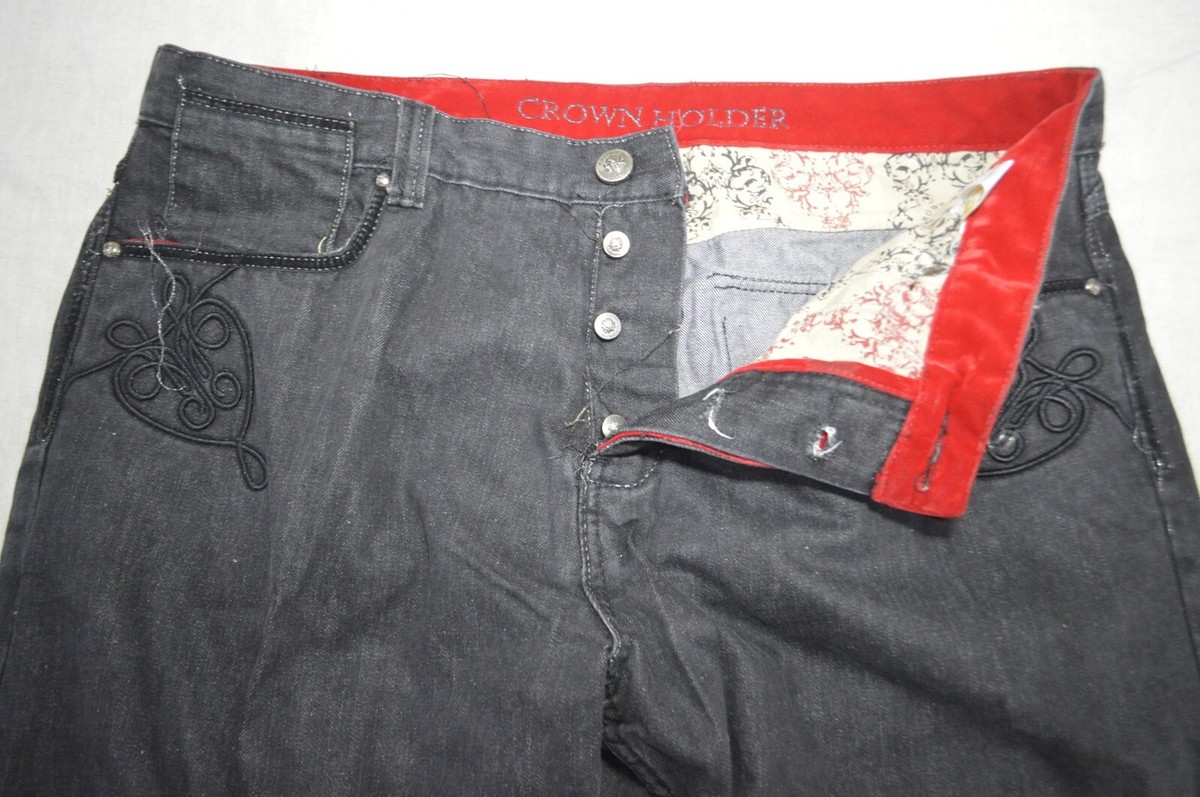 Crown Holder Jeans Mens 44x35 Black Denim Hip Hop Baggy Street 