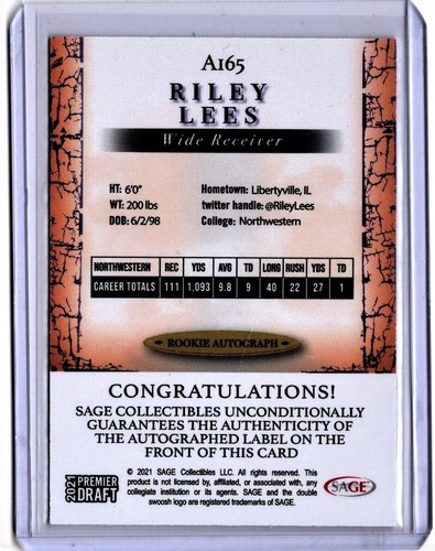 RILEY LEES RC 2021 SAGE PREMIER DRAFT ROOKIE AUTOGRAPH BLACK #A165 BENGALS WR - Bild 2 von 2