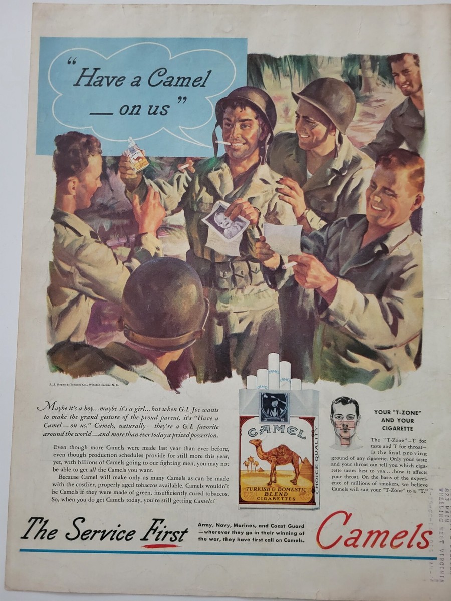 old soldiers cigarettes 1945 WWII Camel Cigarettes G.I. Joe soldiers read mail vintage military ad