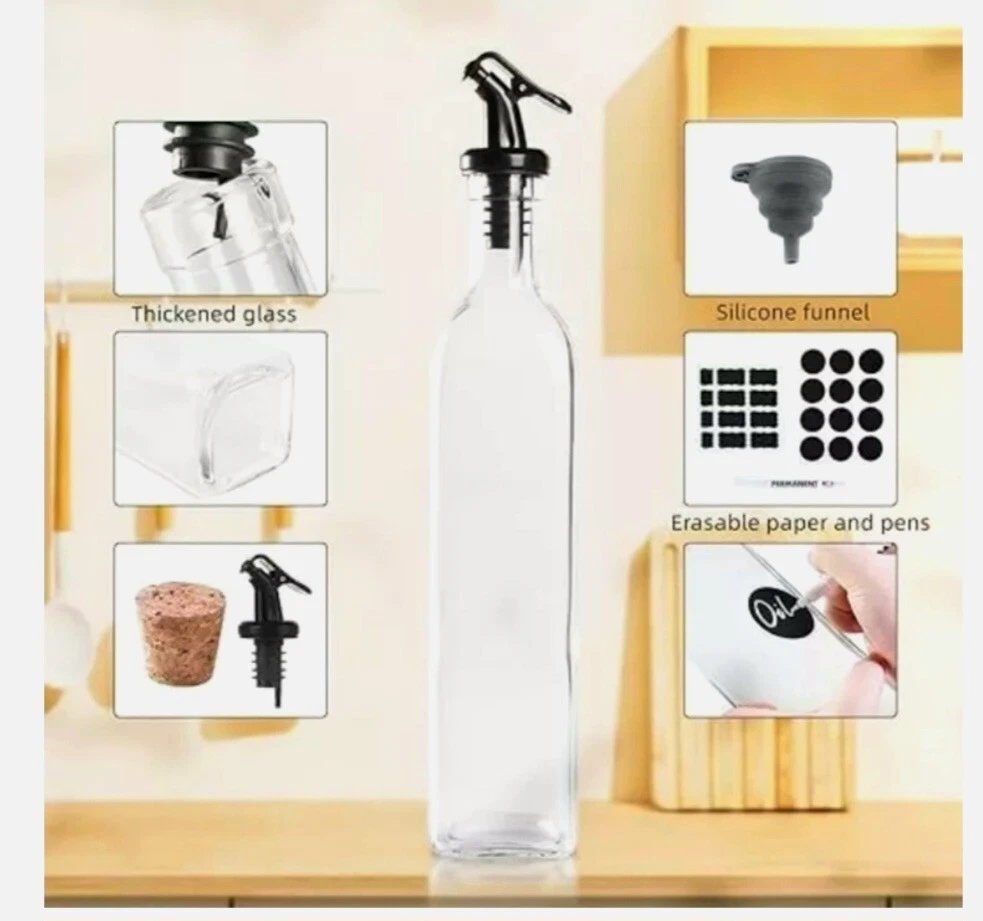 Oil Dispenser Glass Bottle Vinegar Olive Oil Set Of 4 - 500ml 17oz Refill Funnel