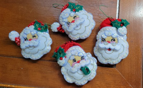 4 Bucilla Completed Santa Face Ornaments Santas 1 With Pipe
