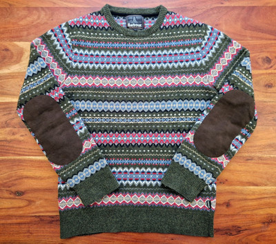 Original BARBOUR Faire Isle Pullover 100% Wolle Patches Hand Knit grün Gr. L