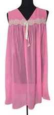 Vintage 1960's Hot Neon Pink Sheer Nylon Babydoll Lace Ribbon Nightgown Size M