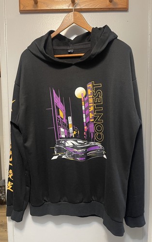 Romwe hoodie Black Purple Car Contest Men’s Large Japanese Letters On Sleeve