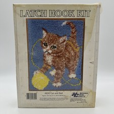 Vintage Cat And Ball Latch Hook Kit Old Stock National Yarn Craft 20x27 Inch
