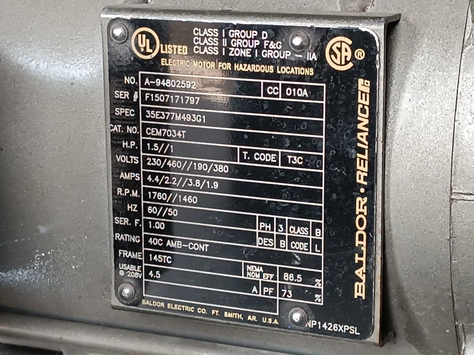Baldor CEM7034T Hazardous Location Motor, 1.5hp, 1760rpm, 3PH, 60HZ, 145TC - Image 2 of 4