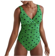 Boden Talamanca Green Black Polka Dot Ruched One Piece Swimsuit Size US 14R EUC