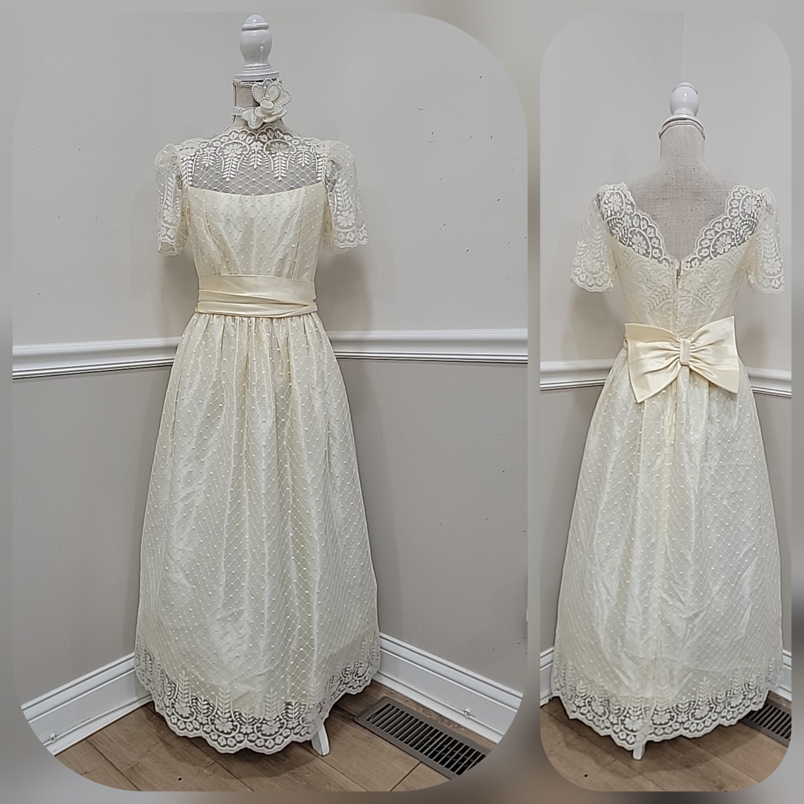 Vintage   ILGWU Ivory Satin Full Lace Wedding Dress Short sleeve 
