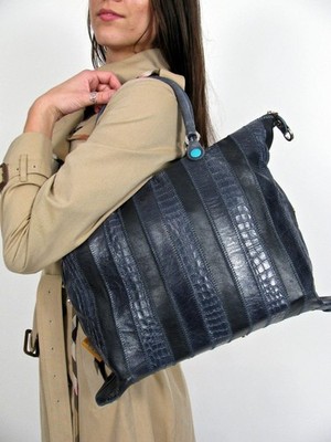 GABS ITALY PURSE BLUE LEATHER ALLIGATOR PRINT LARGE SHOPPER CARRY TOTE BAG