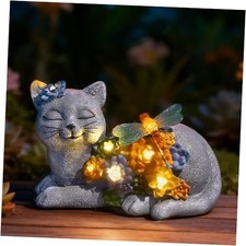 Solar Cat Garden Statue - Lying Outdoor Figurine with Dragonfly Flower LEDs,