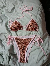 Leopard Print Triangle Bikini with Pink Trim String Tie